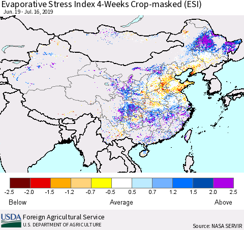China, Mongolia and Taiwan Evaporative Stress Index (ESI), 4-Weeks over Croplands Thematic Map For 7/15/2019 - 7/21/2019