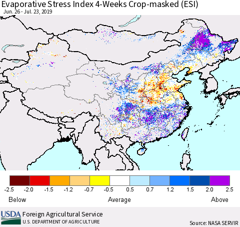 China and Taiwan Evaporative Stress Index (ESI), 4-Weeks over Croplands Thematic Map For 7/22/2019 - 7/28/2019