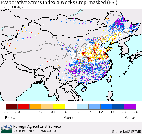 China, Mongolia and Taiwan Evaporative Stress Index (ESI), 4-Weeks over Croplands Thematic Map For 7/29/2019 - 8/4/2019