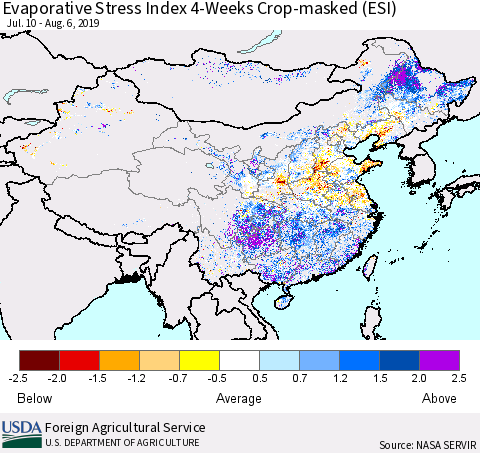 China and Taiwan Evaporative Stress Index (ESI), 4-Weeks over Croplands Thematic Map For 8/5/2019 - 8/11/2019
