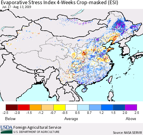 China and Taiwan Evaporative Stress Index (ESI), 4-Weeks over Croplands Thematic Map For 8/12/2019 - 8/18/2019