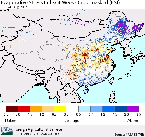 China, Mongolia and Taiwan Evaporative Stress Index (ESI), 4-Weeks over Croplands Thematic Map For 8/19/2019 - 8/25/2019