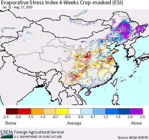 China and Taiwan Evaporative Stress Index (ESI), 4-Weeks over Croplands Thematic Map For 8/26/2019 - 9/1/2019