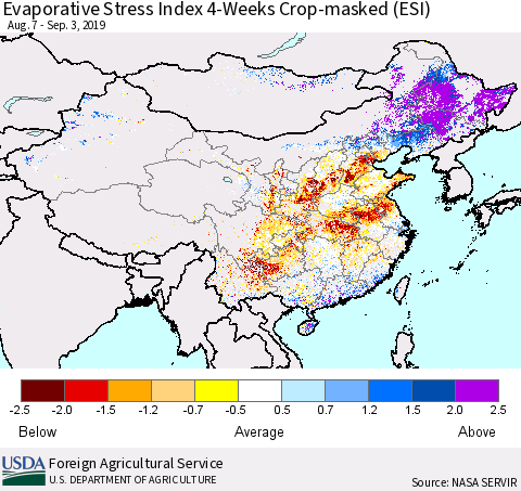 China and Taiwan Evaporative Stress Index (ESI), 4-Weeks over Croplands Thematic Map For 9/2/2019 - 9/8/2019