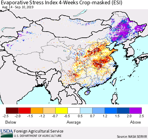 China and Taiwan Evaporative Stress Index (ESI), 4-Weeks over Croplands Thematic Map For 9/9/2019 - 9/15/2019