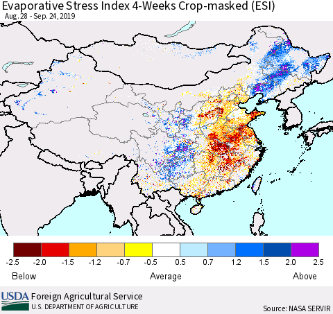 China, Mongolia and Taiwan Evaporative Stress Index (ESI), 4-Weeks over Croplands Thematic Map For 9/23/2019 - 9/29/2019