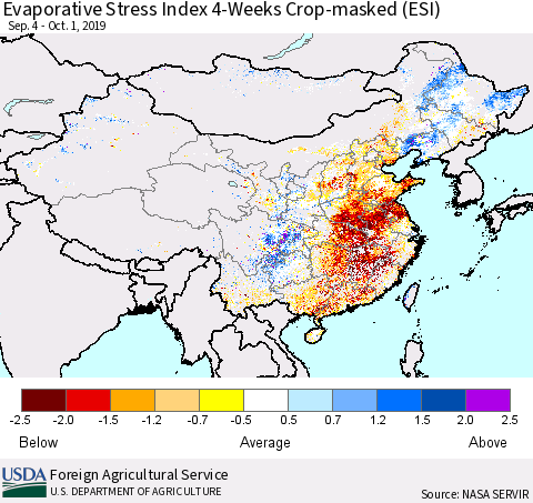 China, Mongolia and Taiwan Evaporative Stress Index (ESI), 4-Weeks over Croplands Thematic Map For 9/30/2019 - 10/6/2019