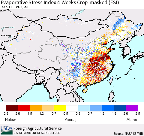 China and Taiwan Evaporative Stress Index (ESI), 4-Weeks over Croplands Thematic Map For 10/7/2019 - 10/13/2019