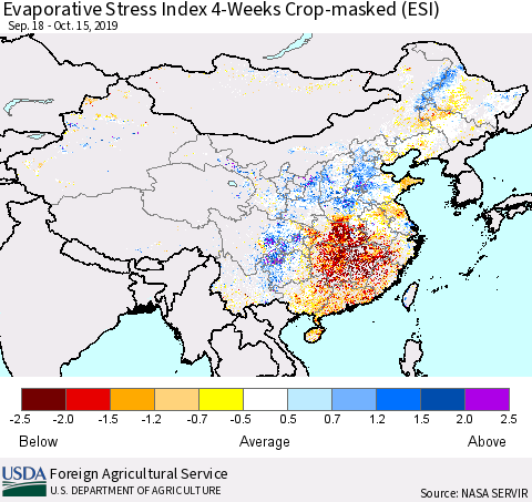 China, Mongolia and Taiwan Evaporative Stress Index (ESI), 4-Weeks over Croplands Thematic Map For 10/14/2019 - 10/20/2019