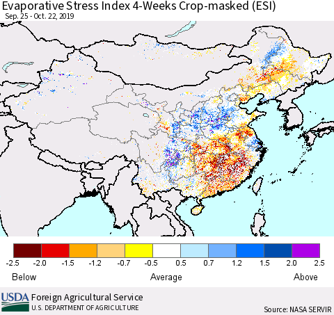 China and Taiwan Evaporative Stress Index (ESI), 4-Weeks over Croplands Thematic Map For 10/21/2019 - 10/27/2019