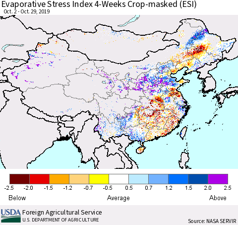 China, Mongolia and Taiwan Evaporative Stress Index (ESI), 4-Weeks over Croplands Thematic Map For 10/28/2019 - 11/3/2019