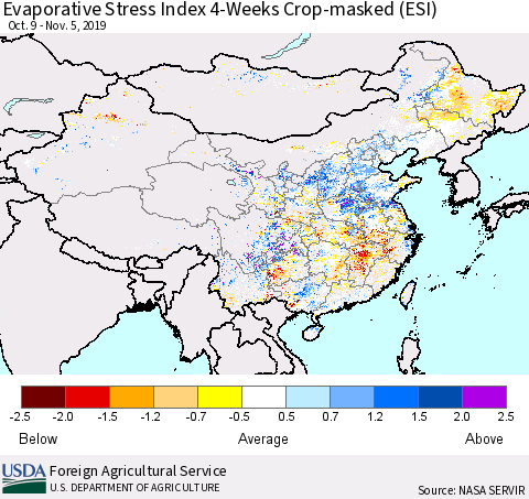 China, Mongolia and Taiwan Evaporative Stress Index (ESI), 4-Weeks over Croplands Thematic Map For 11/4/2019 - 11/10/2019