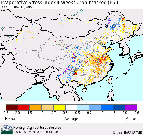 China, Mongolia and Taiwan Evaporative Stress Index (ESI), 4-Weeks over Croplands Thematic Map For 11/11/2019 - 11/17/2019