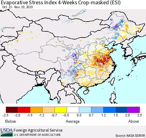 China, Mongolia and Taiwan Evaporative Stress Index (ESI), 4-Weeks over Croplands Thematic Map For 11/18/2019 - 11/24/2019