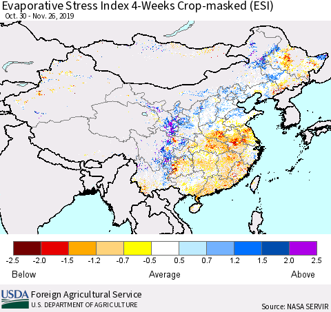 China, Mongolia and Taiwan Evaporative Stress Index (ESI), 4-Weeks over Croplands Thematic Map For 11/25/2019 - 12/1/2019