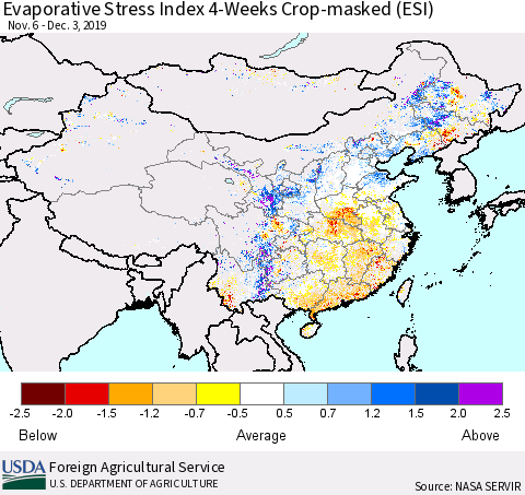 China, Mongolia and Taiwan Evaporative Stress Index (ESI), 4-Weeks over Croplands Thematic Map For 12/2/2019 - 12/8/2019