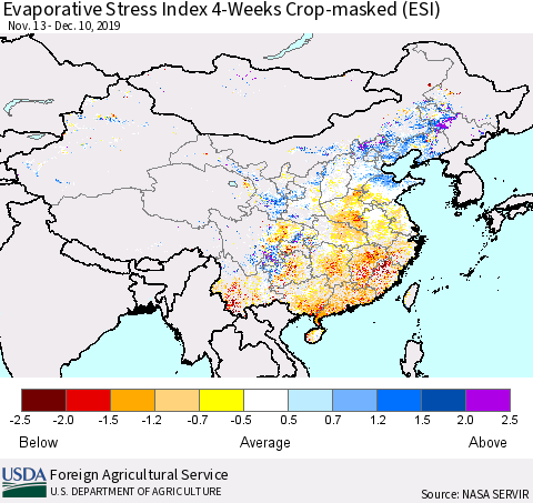 China, Mongolia and Taiwan Evaporative Stress Index (ESI), 4-Weeks over Croplands Thematic Map For 12/9/2019 - 12/15/2019