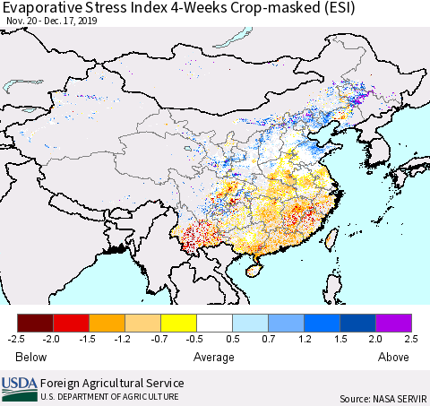 China, Mongolia and Taiwan Evaporative Stress Index (ESI), 4-Weeks over Croplands Thematic Map For 12/16/2019 - 12/22/2019