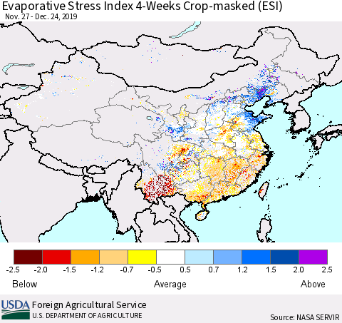 China, Mongolia and Taiwan Evaporative Stress Index (ESI), 4-Weeks over Croplands Thematic Map For 12/23/2019 - 12/29/2019