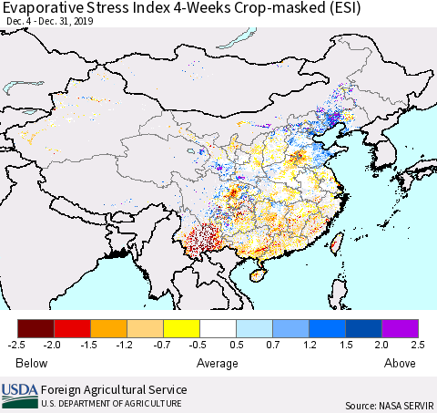 China, Mongolia and Taiwan Evaporative Stress Index (ESI), 4-Weeks over Croplands Thematic Map For 12/30/2019 - 1/5/2020