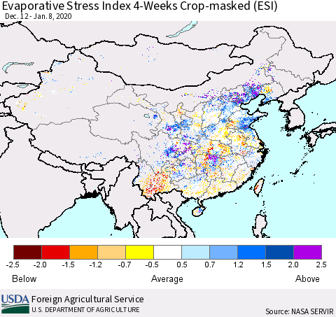 China, Mongolia and Taiwan Evaporative Stress Index (ESI), 4-Weeks over Croplands Thematic Map For 1/6/2020 - 1/12/2020