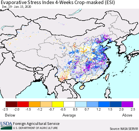 China, Mongolia and Taiwan Evaporative Stress Index (ESI), 4-Weeks over Croplands Thematic Map For 1/13/2020 - 1/19/2020