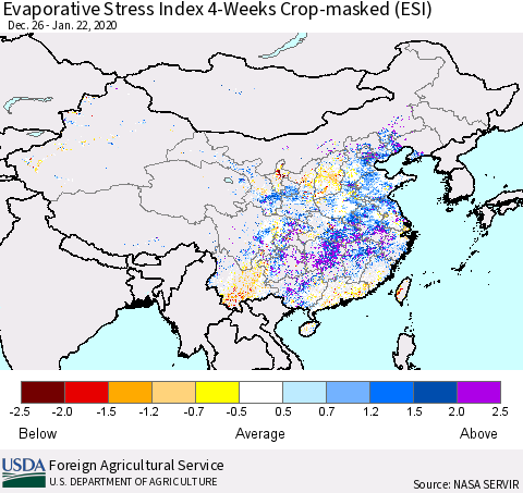 China, Mongolia and Taiwan Evaporative Stress Index (ESI), 4-Weeks over Croplands Thematic Map For 1/20/2020 - 1/26/2020