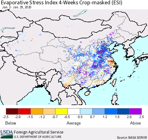 China, Mongolia and Taiwan Evaporative Stress Index (ESI), 4-Weeks over Croplands Thematic Map For 1/27/2020 - 2/2/2020