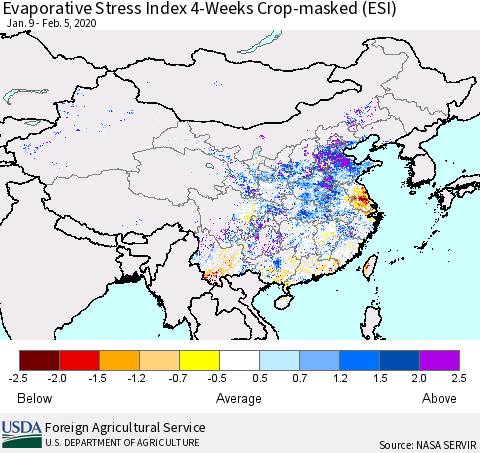 China, Mongolia and Taiwan Evaporative Stress Index (ESI), 4-Weeks over Croplands Thematic Map For 2/3/2020 - 2/9/2020