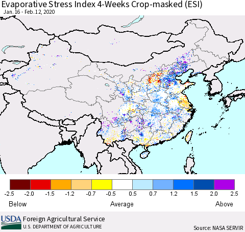 China, Mongolia and Taiwan Evaporative Stress Index (ESI), 4-Weeks over Croplands Thematic Map For 2/10/2020 - 2/16/2020