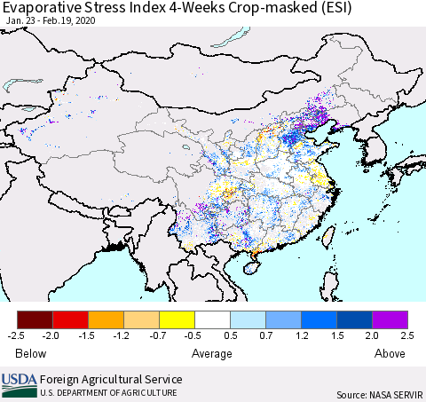 China, Mongolia and Taiwan Evaporative Stress Index (ESI), 4-Weeks over Croplands Thematic Map For 2/17/2020 - 2/23/2020