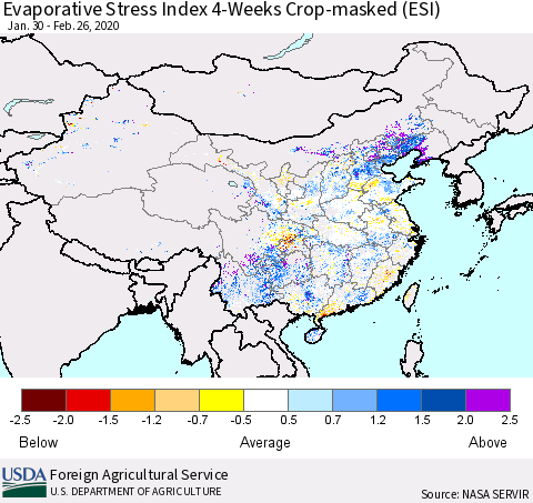 China, Mongolia and Taiwan Evaporative Stress Index (ESI), 4-Weeks over Croplands Thematic Map For 2/24/2020 - 3/1/2020