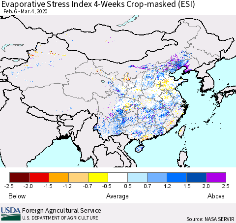 China, Mongolia and Taiwan Evaporative Stress Index (ESI), 4-Weeks over Croplands Thematic Map For 3/2/2020 - 3/8/2020