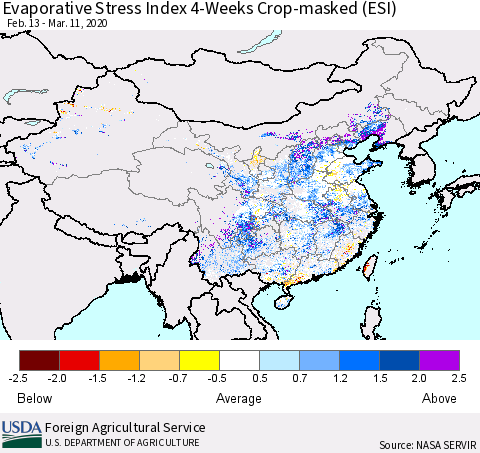 China, Mongolia and Taiwan Evaporative Stress Index (ESI), 4-Weeks over Croplands Thematic Map For 3/9/2020 - 3/15/2020