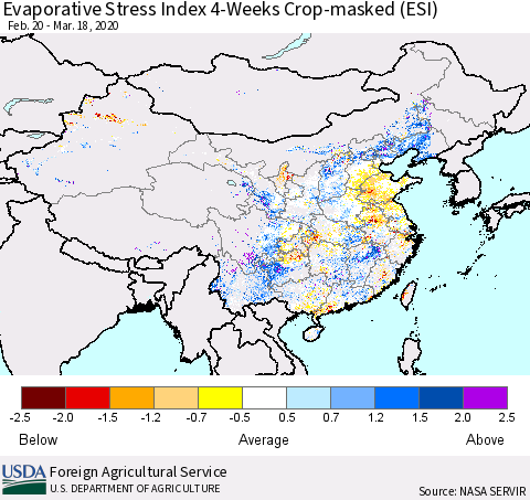 China, Mongolia and Taiwan Evaporative Stress Index (ESI), 4-Weeks over Croplands Thematic Map For 3/16/2020 - 3/22/2020