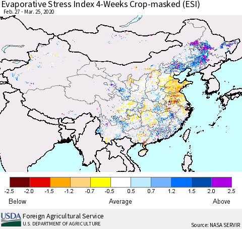China, Mongolia and Taiwan Evaporative Stress Index (ESI), 4-Weeks over Croplands Thematic Map For 3/23/2020 - 3/29/2020