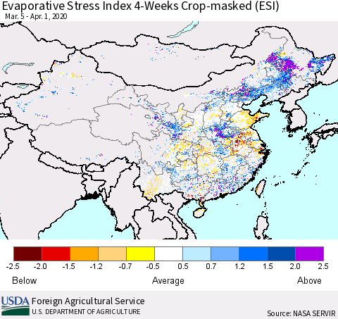 China, Mongolia and Taiwan Evaporative Stress Index (ESI), 4-Weeks over Croplands Thematic Map For 3/30/2020 - 4/5/2020