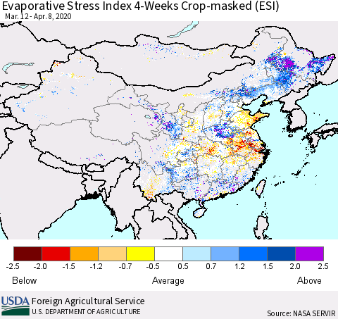 China, Mongolia and Taiwan Evaporative Stress Index (ESI), 4-Weeks over Croplands Thematic Map For 4/6/2020 - 4/12/2020