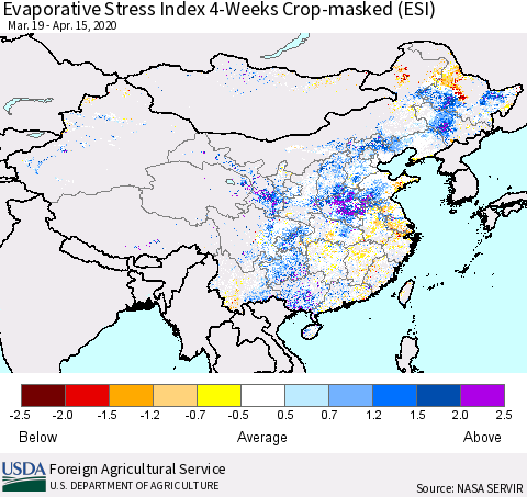 China, Mongolia and Taiwan Evaporative Stress Index (ESI), 4-Weeks over Croplands Thematic Map For 4/13/2020 - 4/19/2020