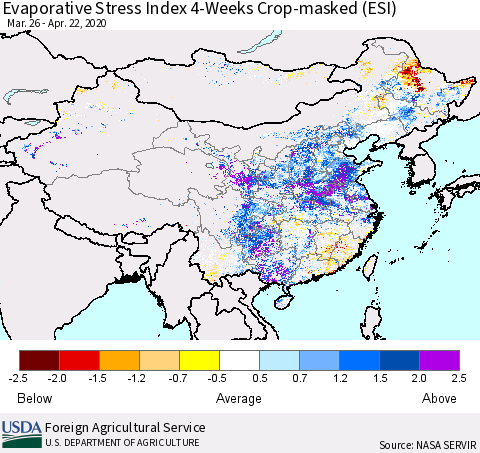 China, Mongolia and Taiwan Evaporative Stress Index (ESI), 4-Weeks over Croplands Thematic Map For 4/20/2020 - 4/26/2020