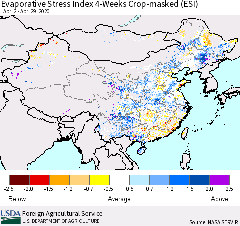 China, Mongolia and Taiwan Evaporative Stress Index (ESI), 4-Weeks over Croplands Thematic Map For 4/27/2020 - 5/3/2020