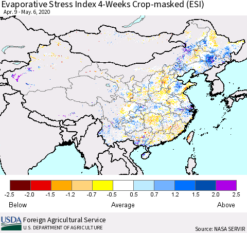 China, Mongolia and Taiwan Evaporative Stress Index (ESI), 4-Weeks over Croplands Thematic Map For 5/4/2020 - 5/10/2020