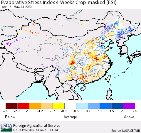 China, Mongolia and Taiwan Evaporative Stress Index (ESI), 4-Weeks over Croplands Thematic Map For 5/11/2020 - 5/17/2020