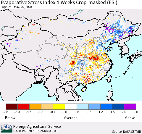 China, Mongolia and Taiwan Evaporative Stress Index (ESI), 4-Weeks over Croplands Thematic Map For 5/18/2020 - 5/24/2020