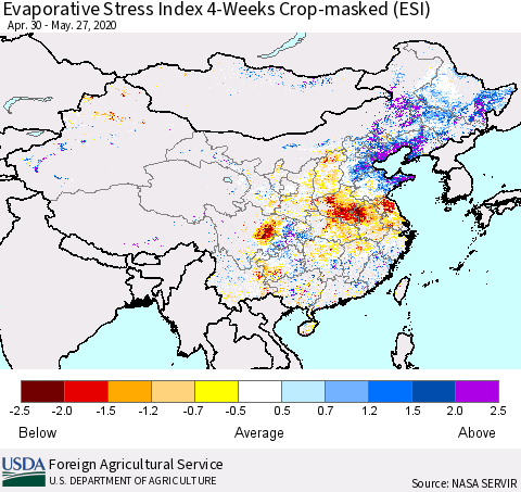 China, Mongolia and Taiwan Evaporative Stress Index (ESI), 4-Weeks over Croplands Thematic Map For 5/25/2020 - 5/31/2020