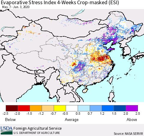 China, Mongolia and Taiwan Evaporative Stress Index (ESI), 4-Weeks over Croplands Thematic Map For 6/1/2020 - 6/7/2020