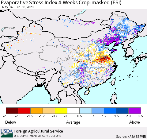 China, Mongolia and Taiwan Evaporative Stress Index (ESI), 4-Weeks over Croplands Thematic Map For 6/8/2020 - 6/14/2020