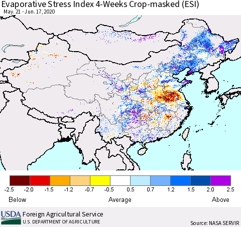 China, Mongolia and Taiwan Evaporative Stress Index (ESI), 4-Weeks over Croplands Thematic Map For 6/15/2020 - 6/21/2020