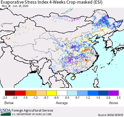 China, Mongolia and Taiwan Evaporative Stress Index (ESI), 4-Weeks over Croplands Thematic Map For 6/22/2020 - 6/28/2020