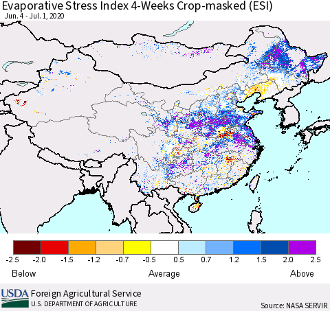 China, Mongolia and Taiwan Evaporative Stress Index (ESI), 4-Weeks over Croplands Thematic Map For 6/29/2020 - 7/5/2020